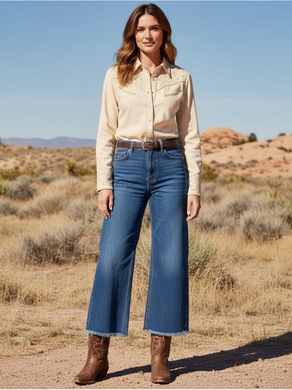 Zara Indigo High rise Wide-Leg Frayed Hem Jeans Size 14 Boho Western